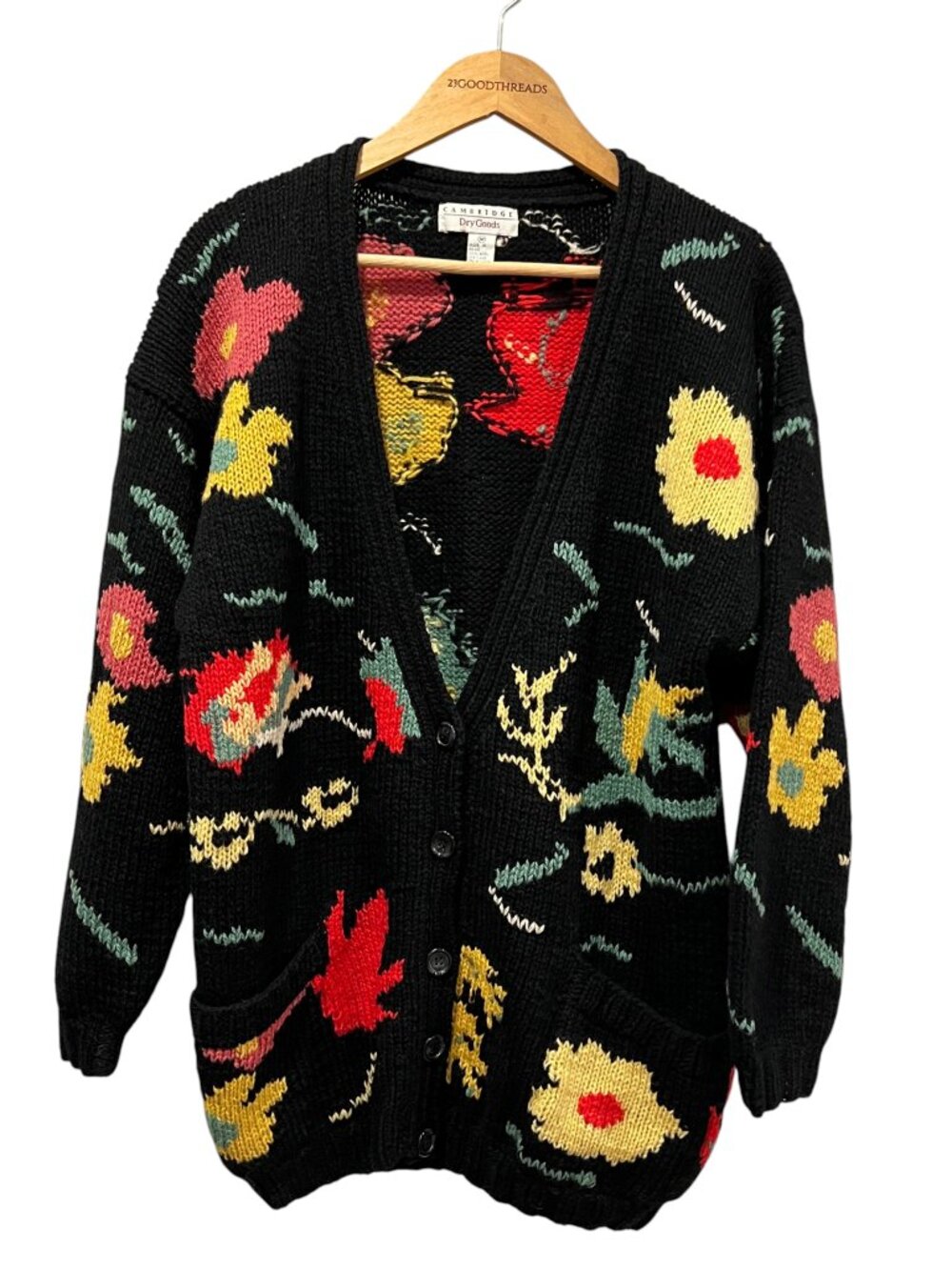 Cambridge 80s Oversized Floral Knit Wool Cardigan, Black, M